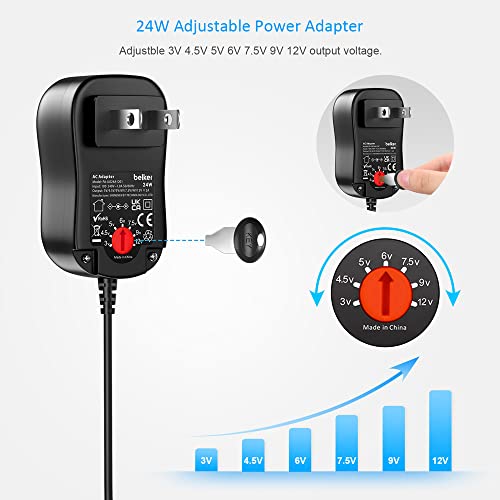 Belker 24W Universal 3V 4.5V 5V 6V 7.5V 9V 12V AC DC Adapter with 8 Tips | Power Supply for Router Light Strip CCTV Camera Speaker and More Household Electronics - 2A Max - size: 24w 3-12v 2a