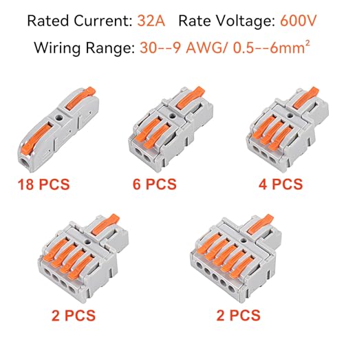 32Pcs Lever Wire Connectors, 1/2/3/4/5 Conductor Combination DIY Mini Compact Splicing Assortment Quick Electrical Connector Kit for 24-12 AWG