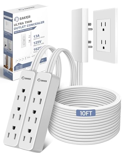 Saker Dual 10ft Flat Extension Cord Outlet Cover, 3 Outlets, White - style: dual 10ft