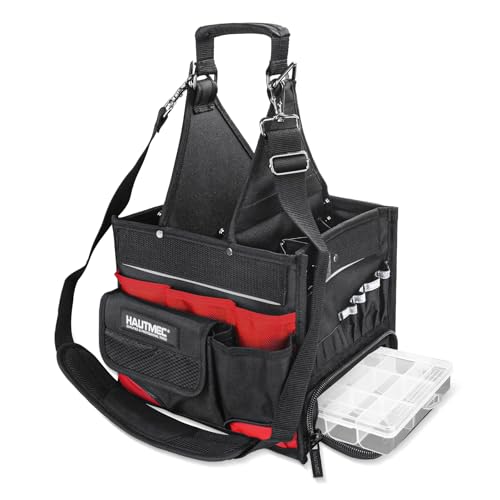 HAUTMEC Heavy Duty Electrician Tool Bag with Removable Parts Tray, 37-Pocket Tool Tote Organizer, Open Top Tool Carrier with Shoulder Strap for Electrician, HVAC, Mechanic & Maintenance – HT0174