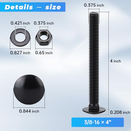 Glvaner (6 Sets) 3/8-16 x 4 Stainless Steel Carriage Bolts Screws Black and Hex Nuts & Flat Washers Black, Round Head Square Neck, 304 Stainless Steel 18-8, Full Thread Coverage - size: 3/8-16 x 4"