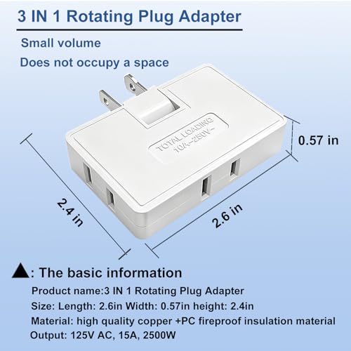 3 Pack Rotating Plug Adapter,2 Prong Flat Outlet Splitter Plug Extender - size: 2 Prong 3 Pack