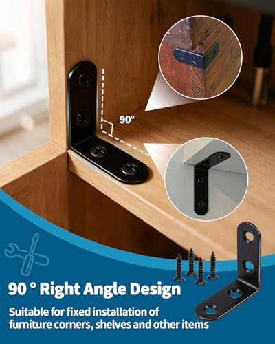 12 PCS 1.57'' x 1.57'' Stainless Straight Flat Brackets, Black Flat Metal Brace Bracket, Support Flat Metal Brace for Wood Furniture, Mending Plate Connector Joining Bracket for Fence,48 Screws - size: 1.57 x 1.57 in