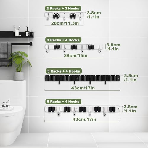 2 Pack Broom Holder Wall Mount, 3 Racks 4 Hooks Mop and Broom Organizer - color: 3 Racks & 4 Hooks (Silver) - 2 Pack