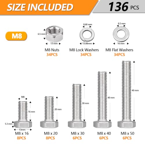 136 Pcs M8 Hex Bolts and Nuts Assortment Kit, M8-16/20/30/40/50mm Screws - size: M8 - 16/20/30/40/50mm