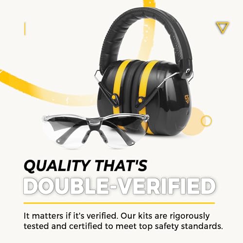 TradeSmart Shooting Ear Protection for Gun Range, NRR 28 Earmuffs & Eyewear - color: Clear Glasses - Yellow