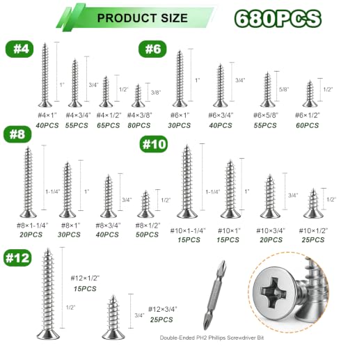 680PCS Wood Screws Assortment Kit,304 Stainless Steel Flat Head Screws, #4#6#8#10#12 Sheet Metal Screws Length 1/4" to 1-1/2",Self Tapping Screws Set - size: 680PCS-SV