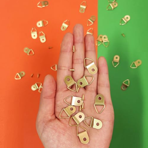 100 Pieces Small Triangle Ring Steel Picture Hangers with 100 Pieces Screws - color: Gold