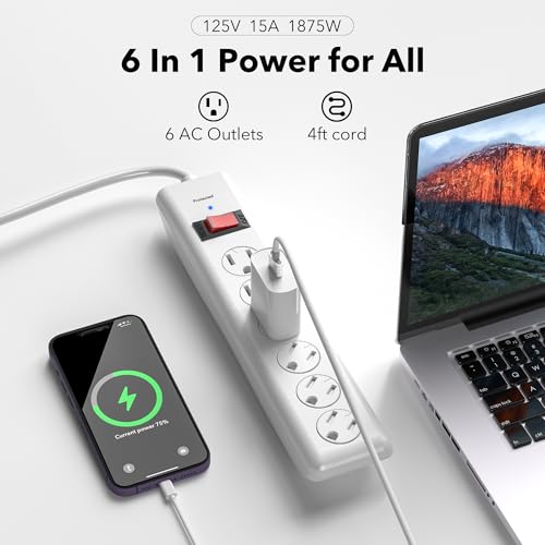 BN-LINK 6-Outlet Power Strip Surge Protector 1-Pack, 4-Foot Extension Cord, 600 Joules, Twist-to-Close Safety Covers, 90 Degree Flat Plug, Overload Protection, White - size: 6 Outlets（Safety Covers）