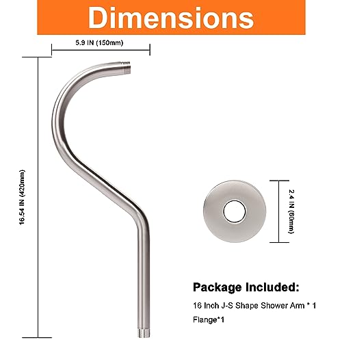 S Shaped Shower Arm, High Rise Shower Head Extension Pipe Standard 1/2" Connection with Flange, Awesome Shower Experience-Stainless Steel Bathroom Accessory(16 Inch J-S Shape, Brushed Nickel) - color: Brushed Nickel, style: 16" J Shape