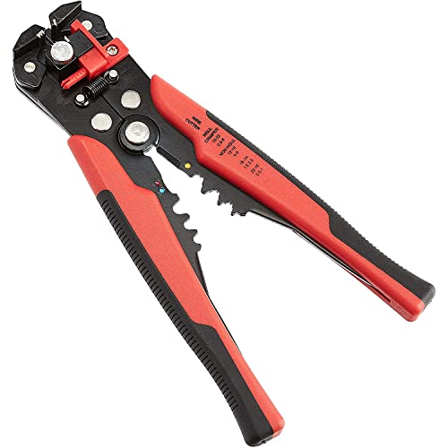 Amazon Basics Self-Adjusting Wire Stripper and Crimping Tool, Strips 10-24 AWG, Black/Red