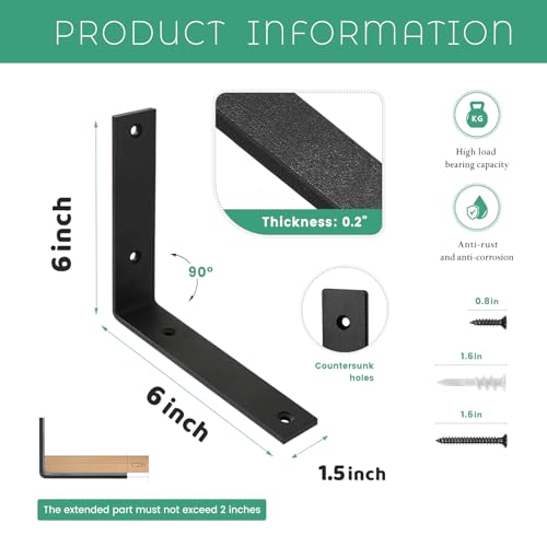 Shelf Brackets 6 Inch Wall L Brackets 8PCS Heavy Duty for Shelves Metal White Rustic Industrial Brackets for DIY Opening Shelves Project Hardware Included - size: 6 Inch, style: Black-8 Pack
