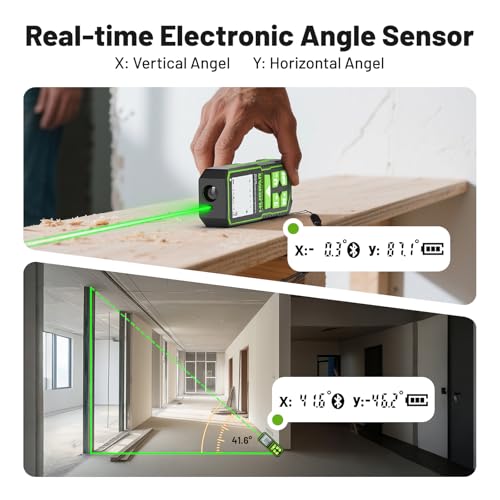 Huepar Professional Green Laser Measuring Tool 196ft, Digital Rechargeable Laser Distance Meter with Angle Sensor, 1/16in Accuracy, M/in/Ft Unit, Pythagorean Mode, Measure Distance, Area, Volume