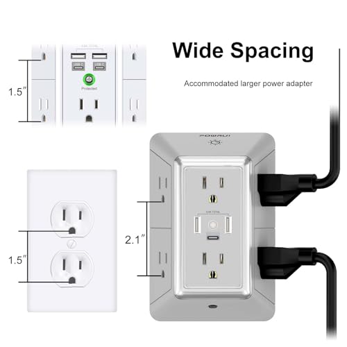 Multi Plug Wall Outlet Night Light, POWRUI 6 Outlet Extender & 3 USB Ports - color: Grey(6Outlets/Night Light), size: 2U1C
