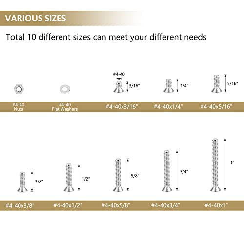 252 Pieces #4-40 x 3/16", 1/4", 5/16", 3/8", 1/2", 5/8", 3/4", 1", Countersunk Head Socket Cap Screws Nuts Washers Assortment Kit, 304 Stainless Steel, Fully Machine Thread - size: #4-40, style: Countersunk Head