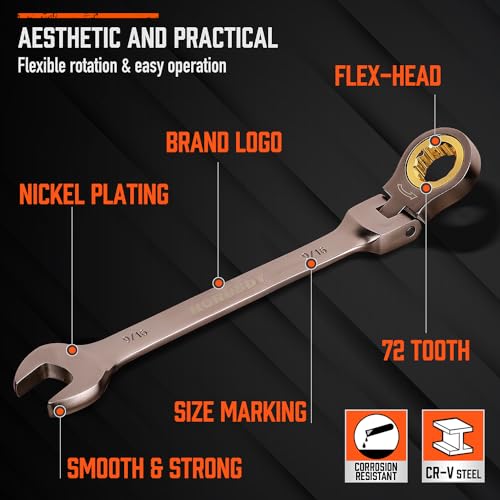 HORUSDY 12-Piece SAE Flex-Head Ratcheting Wrench Set with Organizer | 1/4” to 7/8“ Ratchet Combination Wrenches Set | 72-Teeth | Chrome Vanadium Steel - style: 12-Piece SAE Flex-Head Ratcheting - Pro
