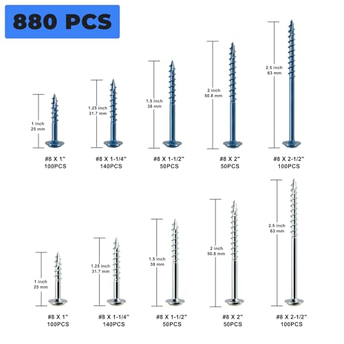 Pocket Hole Screws Assortment Kit 880Pcs, #8 Coarse Thread