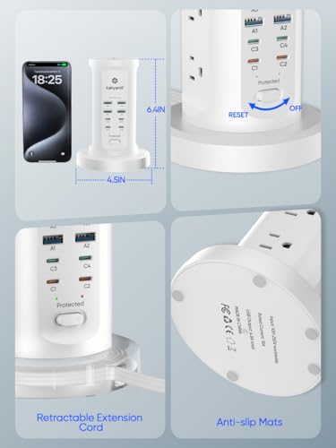 Kakyanill 30W USB Charging Station, Power Strip Tower with 9 AC 8 USB - color: White&Grey