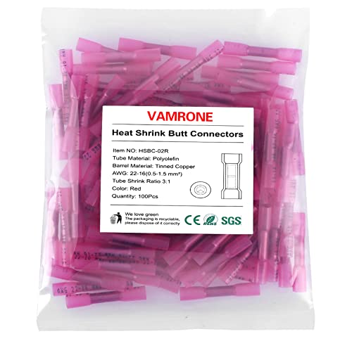 100PCS Heat Shrink Butt Wire Connectors 22-16 AWG, Insulated Waterproof Electrical Wire Connectors Automotive Marine Grade Wire Crimp Terminals Butt Splices, Ideal for Boat, Truck, Red - size: Red 100 PCS