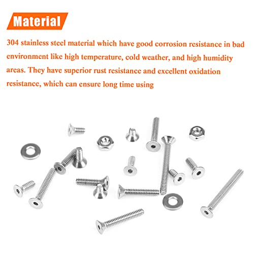 HELIFOUNER 250 Pieces #4-40 x 3/16" 1/4" 5/16" 3/8" 1/2" 5/8" 3/4" 1", Countersunk Head Socket Cap Screws Bolts Washers Nuts Kit, Coarse Thread, Fully Machine Threaded, 304 Stainless Steel - size: #4-40, style: Countersunk Head