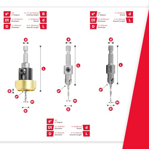 Amana Tool Woodworking Countersink Set, AMS-624, 3-Piece | Carbide Tipped with Adjustable Depth Stop and No-Thrust, No Marring Ball Bearing, Hex Shank - style: AMS-624, 3-Pc