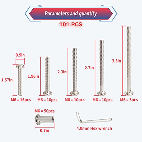 M6 x 40mm/50mm/60mm/70mm/85mm 100Pcs Furniture Bolts Cap Nut Kit - size: 40/50/60/70/85mm (100pcs)