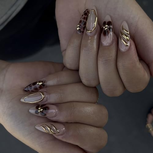 LPOODDNU Brown Almond Press on Nails - Medium Leopard Fake Nails with 3D Gold&Flower Designs, Glossy Finished Reusable False Nails with Double Adhesive Glue Tabs - 24Pcs Nail Kit for Women Manicure - color: brown leopard flower
