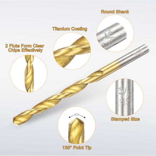 uxcell 12pcs Titanium Twist Drill Bit 13/64" Drilling Dia High Speed Steel Drills for Hardened Metal, Stainless Steel, Cast Iron, Wood, Plastic - size: 13/64 inch