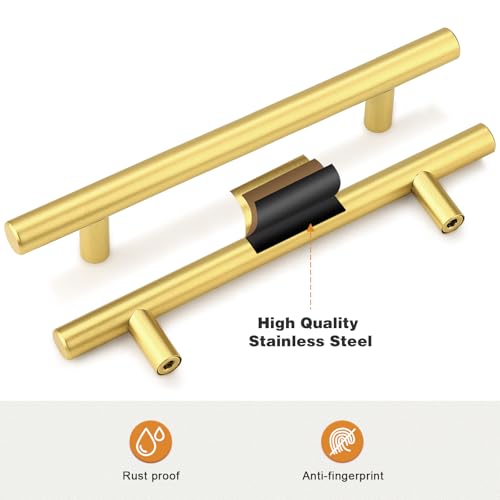 Probrico 5 Pack 5 Inch Center-to-Center Kitchen Cabinet Pulls T Bar Gold Cabinet Handles Modern Drawer Hardware Dresser Pulls, 7-1/2 inch Total Length - color: Gold, size: hole center 5"