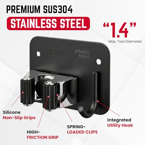 4 Pack Wall Mount Hanger for Brooms & Mops - Heavy Duty Adhesive SUS304 Stainless Steel Broom Holder with 1 Clamp, 1 Hook, & 4 Towel Hangers for Small Nooks & Utility Closet Organization - color: 4 Pack - 1 Clamp