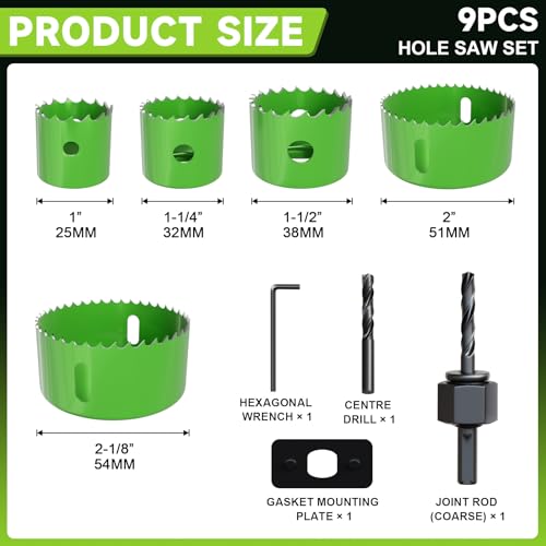 9 Piece Hole Saw Set - High Carbon Steel 25-54mm (1" to 2-1/8") Blades for Drywall, Softwood, Plastic, and PVC; Professional Grade with Instant Support - size: 9PCS(1"to 2-1/8"/25-54mm)