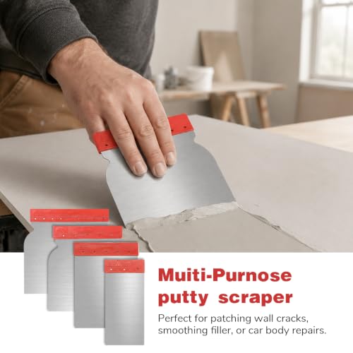 TIESOME 4Pcs Stainless Steel Metal Putty Knife Scraper Set, 4 Sizes Multipurpose Body Filler Spreader for Applying Glaze, Plaster, Cement, Paint, and Wall Decoration Hand Tools