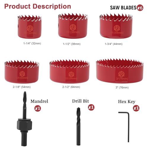 9-Piece Hole Saw Kit 32-76mm with Mandrels & Case for Wood, PVC, Plywood - color: Red