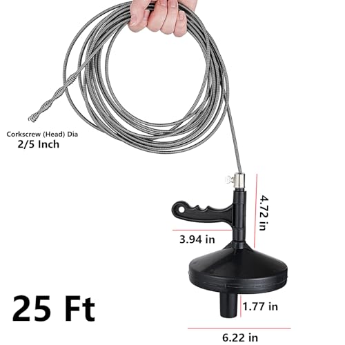 25 Ft Heavy Duty Drain Auger & Plumbing Snake, Sewer Snake for Bathtub, Shower, Sink, Toilet Drain Clog Removal, Manual Drill Pipe Snake Tool with Gloves, Destapa Cañerias Serpiente de Drenaje