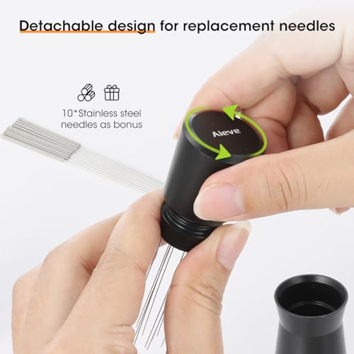 Aieve WDT Tool Espresso, Metal Distribution Tool with 10 x 0.4mm Stainless Steel Needles Espresso Stirrer, Coffee Distributor Aluminum Alloy Handle & Stand with 10 Extra needle - color: Metal Black