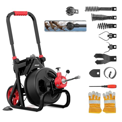 POPULO Auto Feed 50FT Electric Drain Snake with Mobile 8-Inch Wheel and 580W Power,1/2-Inch Drain Snake for 2”-4" Sewer Pipes, 50FT Drain Auger Includes 8 Attachments Heads and Glove - style: 50FT×1/2“