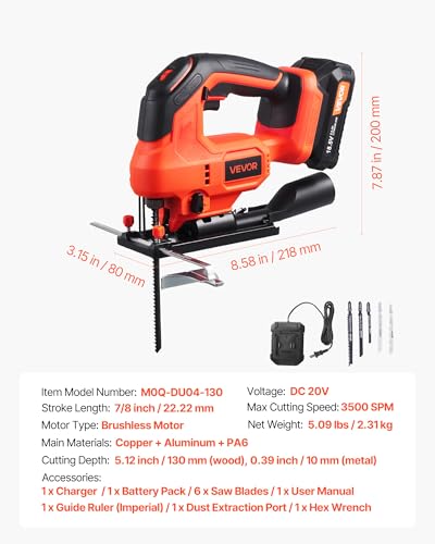 VEVOR 20V Brushless Cordless Jig Saw, 7/8" Jigsaw Tool for Makita 18V Battery, 3500 SPM & 6 Variable Speed, Battery & Charger, LED Light, 0-45° Bevel Cuts, 6 Blades, 4 Orbital Settings, Wood & Metal - size: 7/8 in-110V