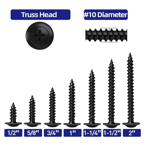 #10 x 2 Truss Head Fast Self Tapping Screws, Alloy Steel Wood Screws, Black Finish, Full Thread, Screwdriver Bit Included, 50 PCS - color: Black, size: #10 x 2"