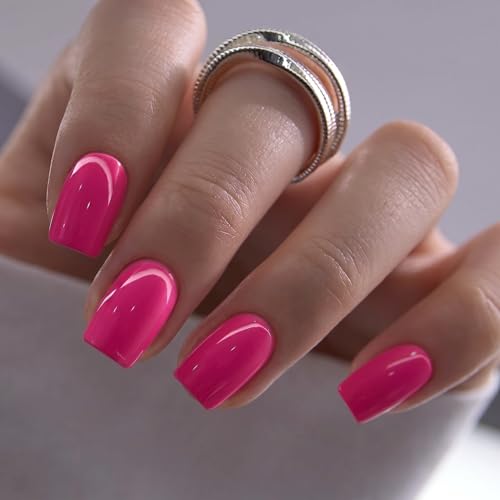CurvLife Press on Nails Short Square Acrylic Fake Nails with Apricot Design Full Cover False Nails Glossy Nude Glue on Nails Artificial Stick on Nails for Women (Bright-Pink) - color: Bright-Pink