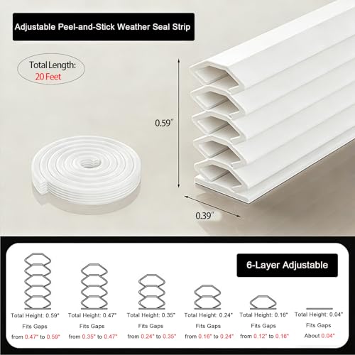 Rip-to-Fit Weather Stripping – 20 Feet, 5-Layer Adjustable Self-Adhesive Weather Seal Strips Fits Big Gaps(0.04-0.59 Inch), for Door Frame Door Insulation Strip Waterproof, Transparent. (White) - color: White