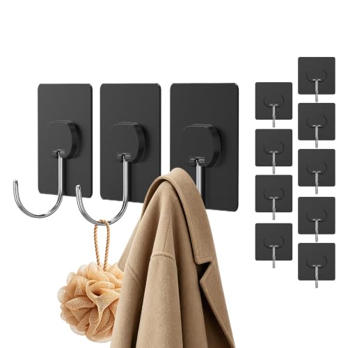 Adhesive Wall Hooks No Drill Large Black Heavy Duty,13LB Sticky 12 Pack - color: Black, size: Large 12 Pcs