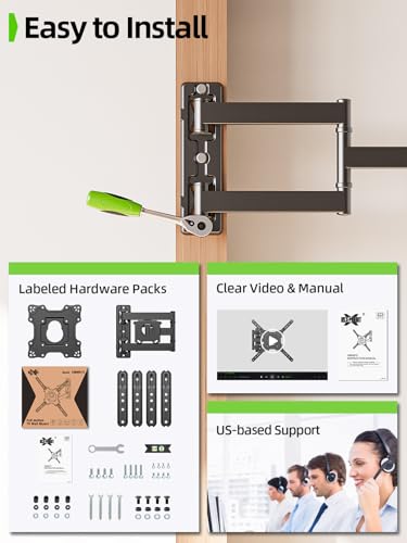 USX Mount TV Wall Mount for Most 26-60 Inch TVs up to 77 lbs, Full Motion Wall Mount TV Bracket with Swivel Tilt Single Stud Design for Corner, Max VESA 400x400mm fit Most 32 40 42 43 50 55 60 TVs