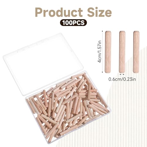 100 Pcs 1/4" Wood Dowel Pins, 1/4" x 1 1/2" Fluted Hardwood Dowel Pins Straight Grooved Wood Pegs for Furniture, Model Building and Woodworking