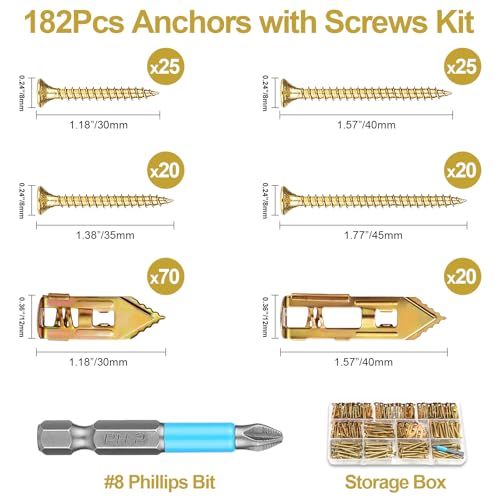MAPVOLUT 182-Piece Self Drilling Drywall Anchors with Screws Kit – Heavy Duty Metal Wall Anchors for Drywall, No Drill Needed, (Up to 80LB Capacity) Includes #8 Phillips Bit & Storage Box