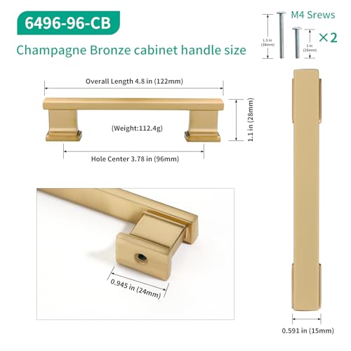 Champagne Bronze Kitchen Square Cabinet Handles 3.75 Inch 10 Pack - color: Champagne Bronze, size: 3.75"/96MM Hole Center