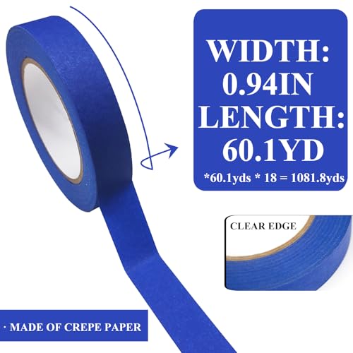 Premium Blue Tapes, Painters Tape, Masking Tape (1081.8yd =0.94IN*60.1yd*18 Rolls), Medium Adhesion, Edge-Lock, Multi-Surface Painter's Paper Tape for Walls Painting Supplies, Packing Labeling - size: 18 Rolls, 0.94IN X 60.1YD