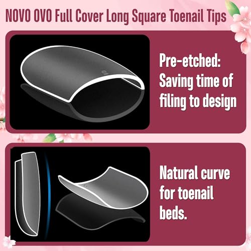 NOVO OVO Long Square Toe Nail Tips Press on Full Cover, Extra Wide Clear Toenails Kit, Pre-shaped Double MatteToenails For Women Men Big Toe Long Nail Beds x 15 Sizes 360 Pcs up to 12 Pedicures - color: Long Square Clear Matte
