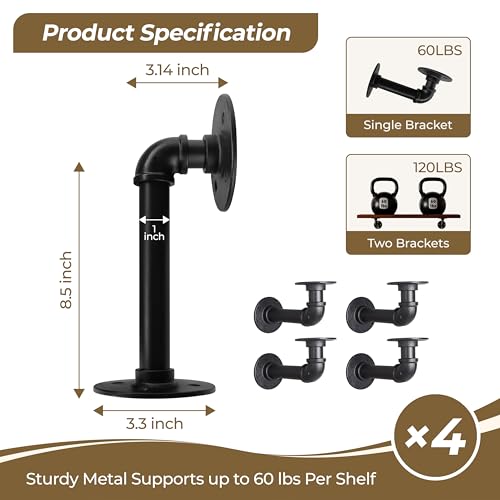 Industrial L Pipe Shelf Brackets for 9-18 in Depth Wood Heavy-Duty 3/4" Iron,Wall Mount Floating Shelf Bracket L Metal Pipe Shelving Brackets for Wood-Black DIY Pipe Shelves(8.5*3.1 Inch 4 Pack) - size: 8.4 inch 4 pack (for 9-18 inch depth board), style:
