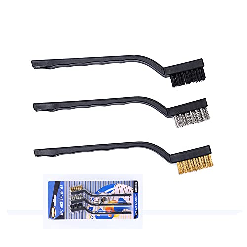 3Pcs Mini Wire Brush Set for Cleaning and Rust Removing, 7 Inch Industrial Wire Brushes of Stainless Steel/Nylon/Brass Bristles - color: Black