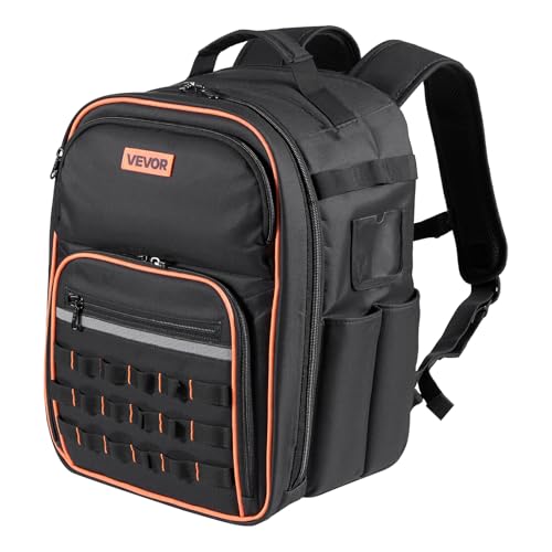 VEVOR Tool Backpack, 49 Pockets, Heavy-duty Tools Storage Organizer Work Bags Backpack with Laptop Compartment & Reinforced Fabric Base, Electrician Jobsite Backpack for Electrician, Repairman - size: 49 Pockets + Non-Rolling